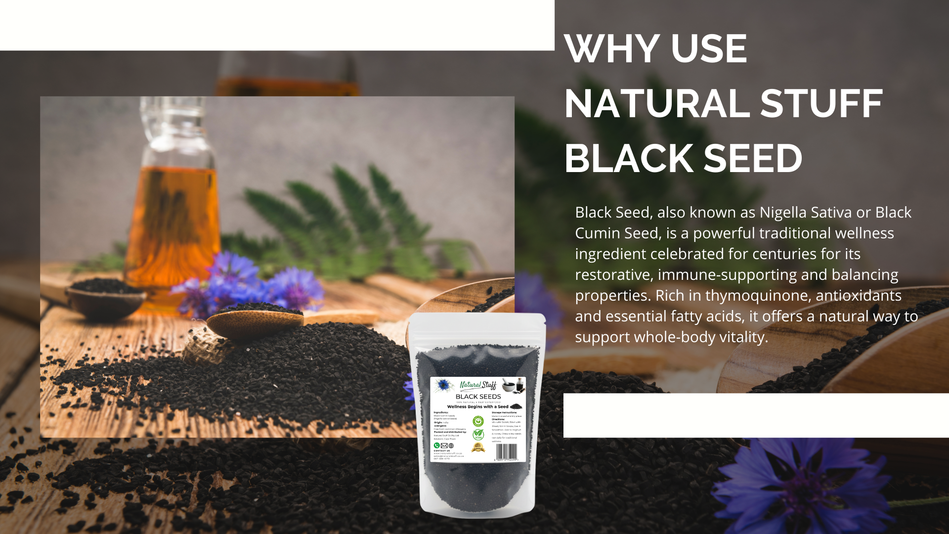 Black seed with a bottle of oil and herbs on a wooden surface, promoting natural wellness.