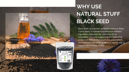 Black seed with a bottle of oil and herbs on a wooden surface, promoting natural wellness.