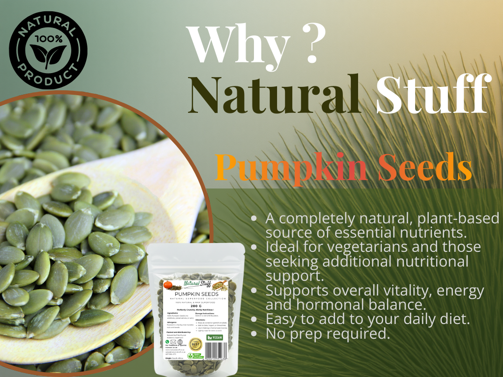 Promotional graphic for pumpkin seeds with text about their benefits and a natural product logo.