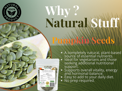 Promotional graphic for pumpkin seeds with text about their benefits and a natural product logo.
