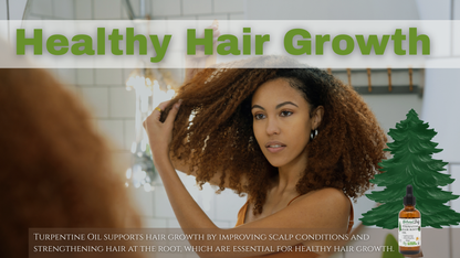 Woman with healthy hair holding it, with text about healthy hair growth and a bottle of oil.