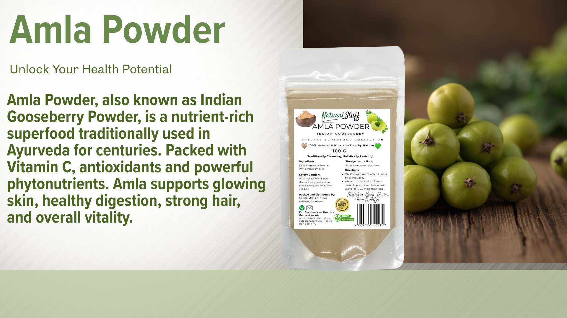 Amla Powder packaging with amla fruits on a wooden surface
