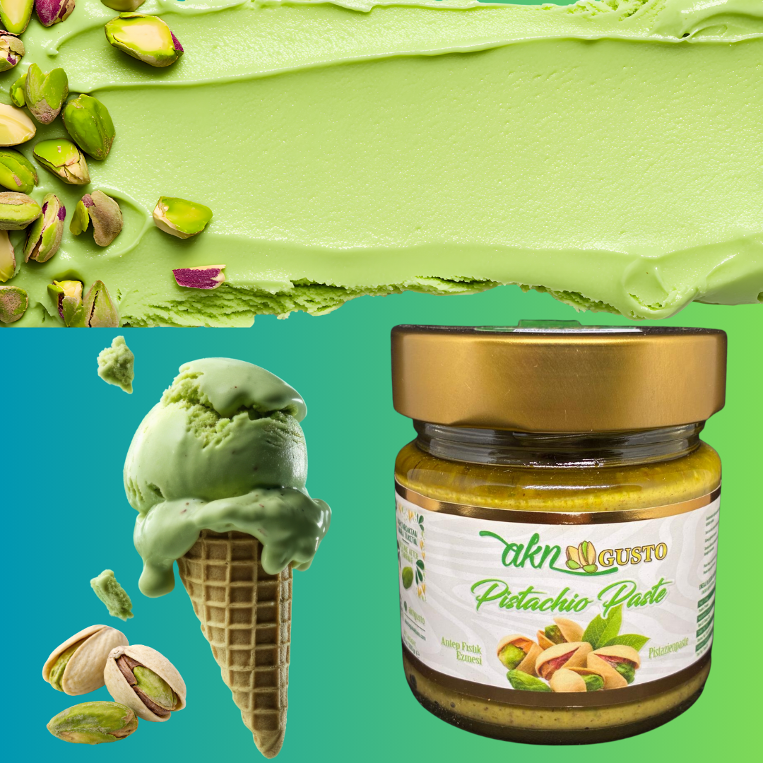 Jar of Tahn Gusto Pistachio Paste with green pistachio ice cream and nuts on a colorful background