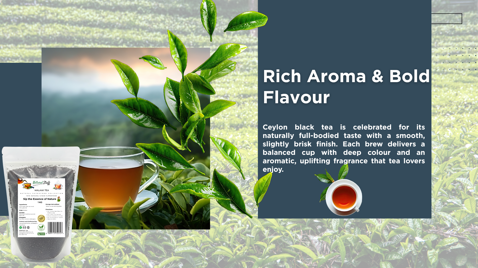 Tea packaging with a cup of tea and tea leaves, set against a scenic background.