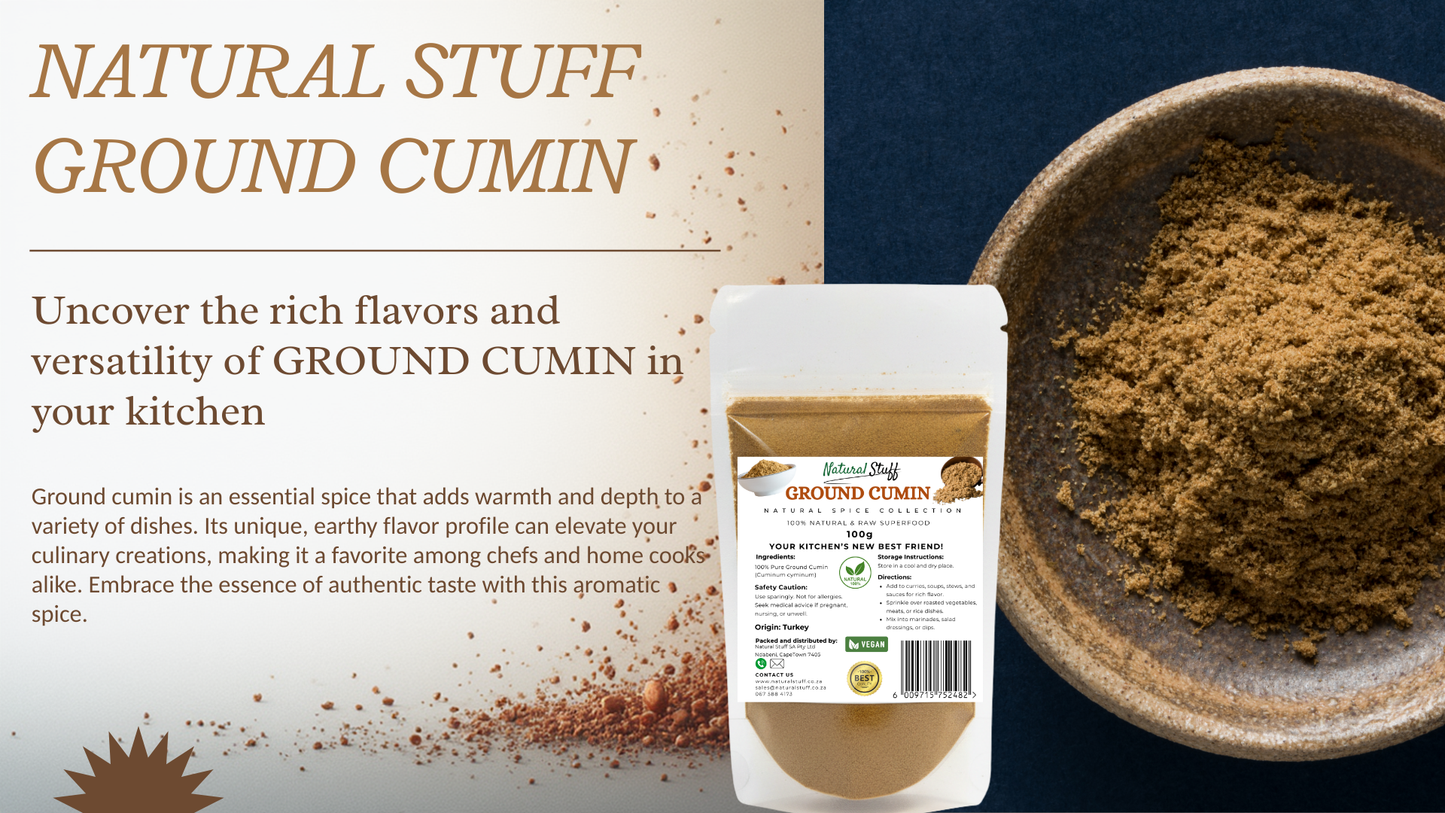Ground cumin spice with packaging and text on a blue background