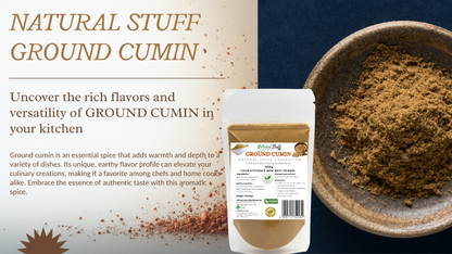 Ground cumin spice with packaging and text on a blue background
