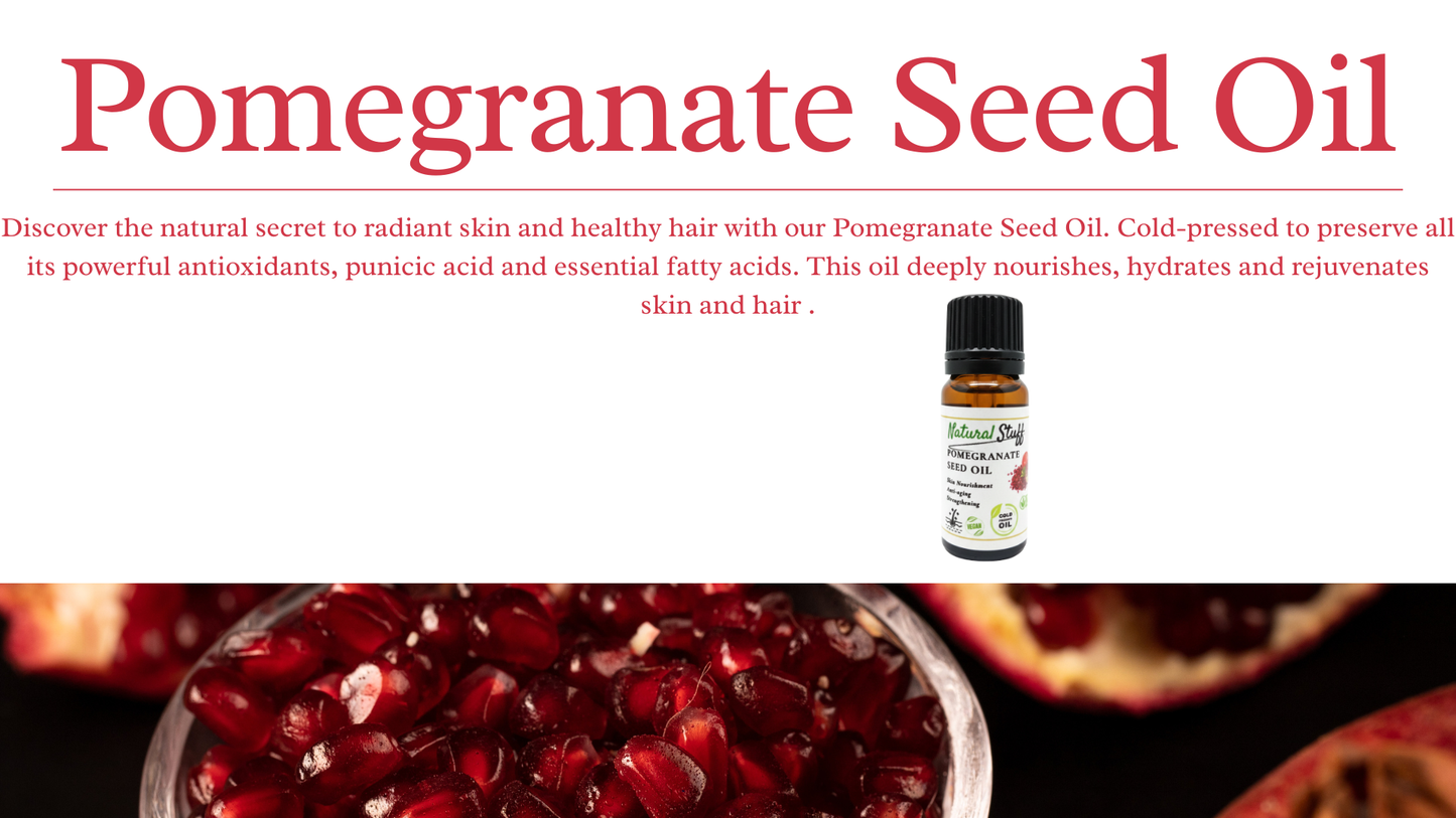 Advertisement for pomegranate seed oil with a bottle and pomegranate seeds on a white background.