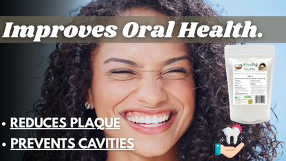 Advertisement for a product improving oral health with a smiling person and product packaging.