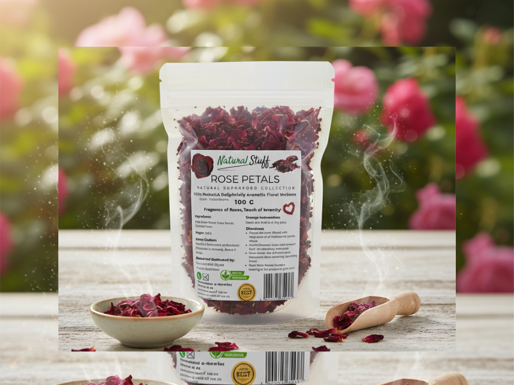 Bag of rose petals with a label on a wooden surface with flowers in the background