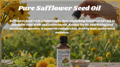 Safflower seed oil bottle with text about its benefits on a natural background
