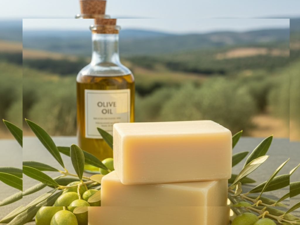 Olive oil bottle and soap bars with olive branches against a scenic background