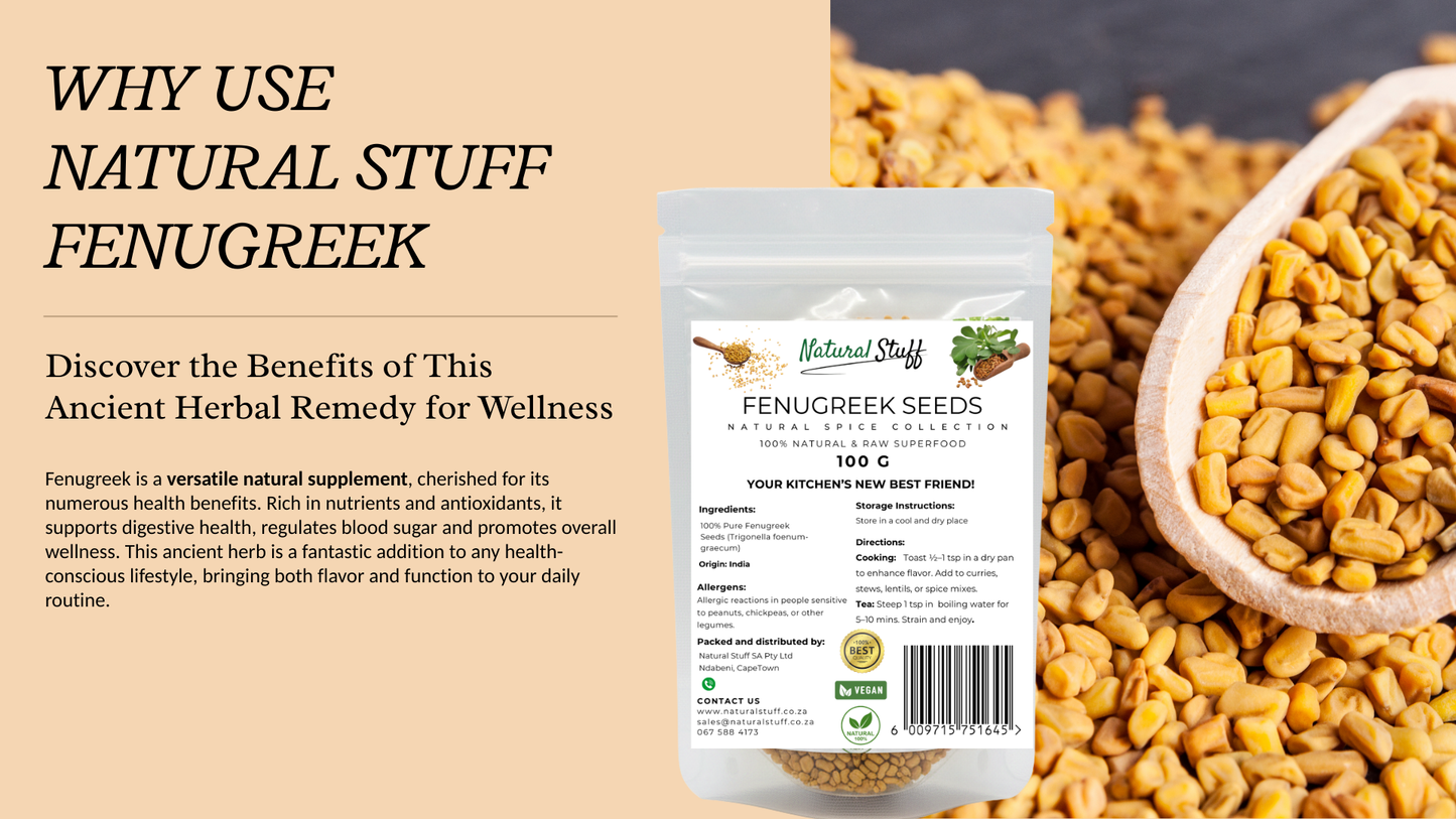 Fenugreek seeds packaging with text on natural health benefits