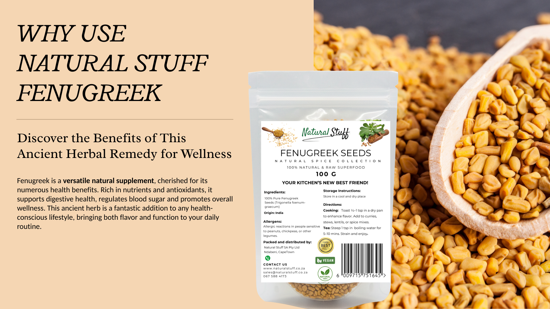 Fenugreek seeds packaging with text on natural health benefits
