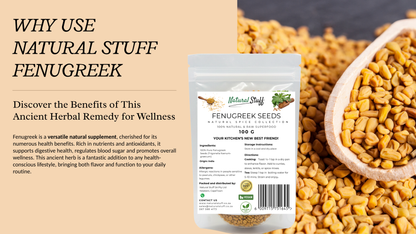 Fenugreek seeds packaging with text on natural health benefits