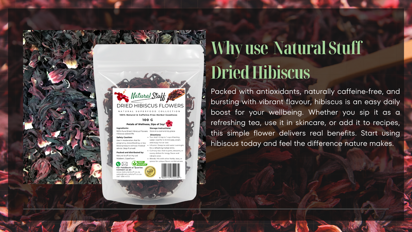 Bag of dried hibiscus flowers with text on a dark background