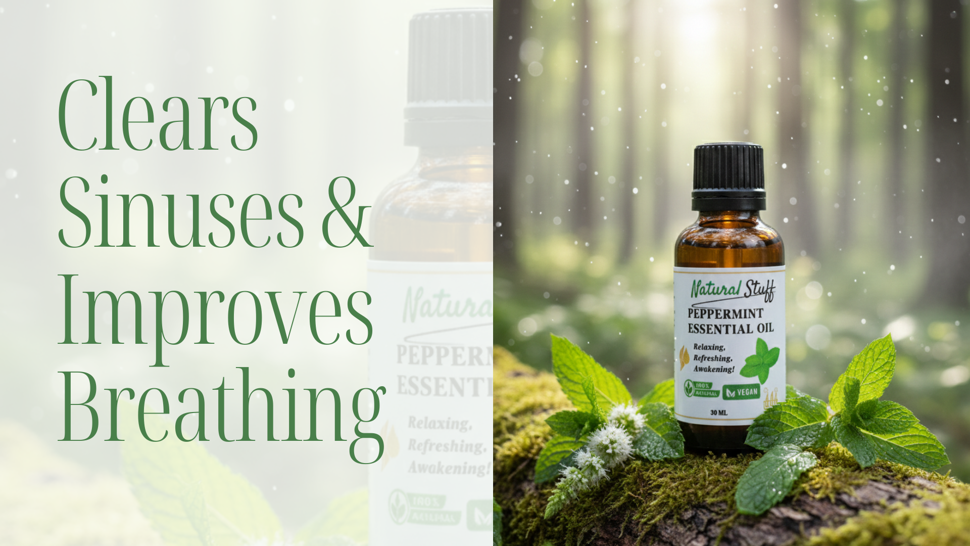Peppermint essential oil bottle with green leaves on a forest background, text about sinus and breathing benefits.