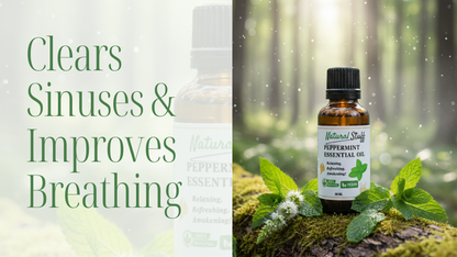 Peppermint essential oil bottle with green leaves on a forest background, text about sinus and breathing benefits.