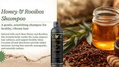 Honey & Rooibos shampoo bottle with jar of honey and rooibos leaves on a natural background