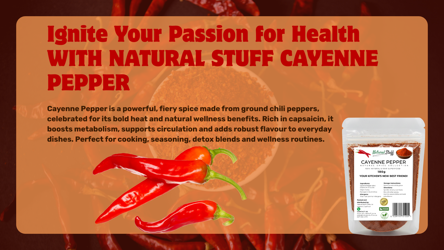 Advertisement for Cayenne Pepper with text and product image on an orange background
