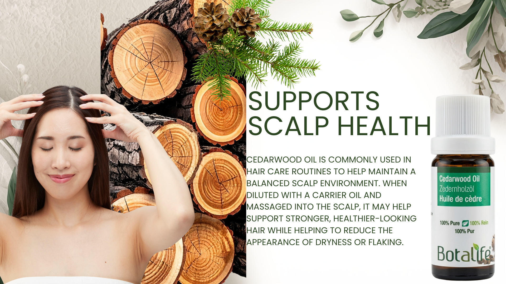 Woman with hands on head, wooden logs, and botanical elements with text about scalp health and Botafio product.