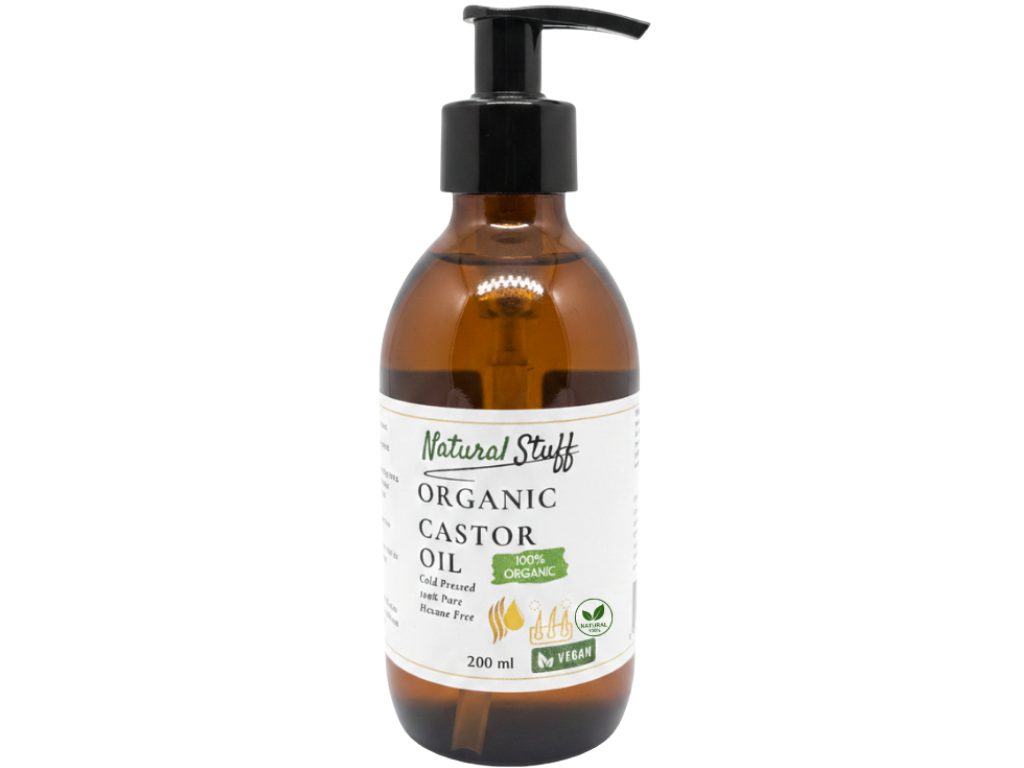 Bottle of Organic Castor Oil with pump on a white background