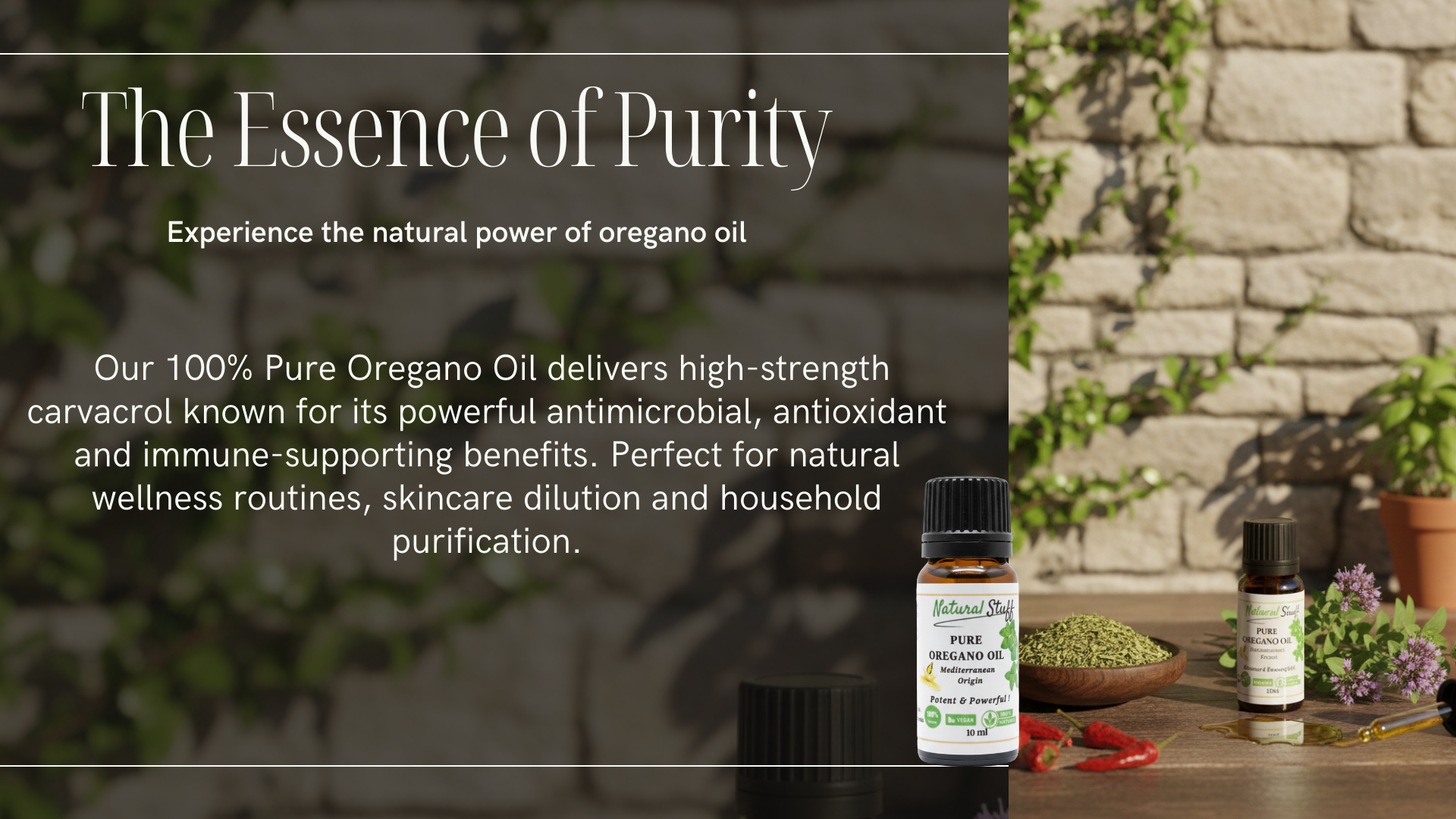 Oregano oil bottles with text about the natural power of oregano oil on a blurred outdoor background.