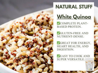 White quinoa with nutritional benefits text overlay