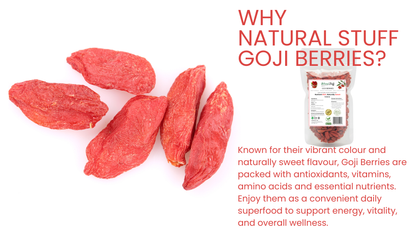 Goji berries with a package on a white background and promotional text.