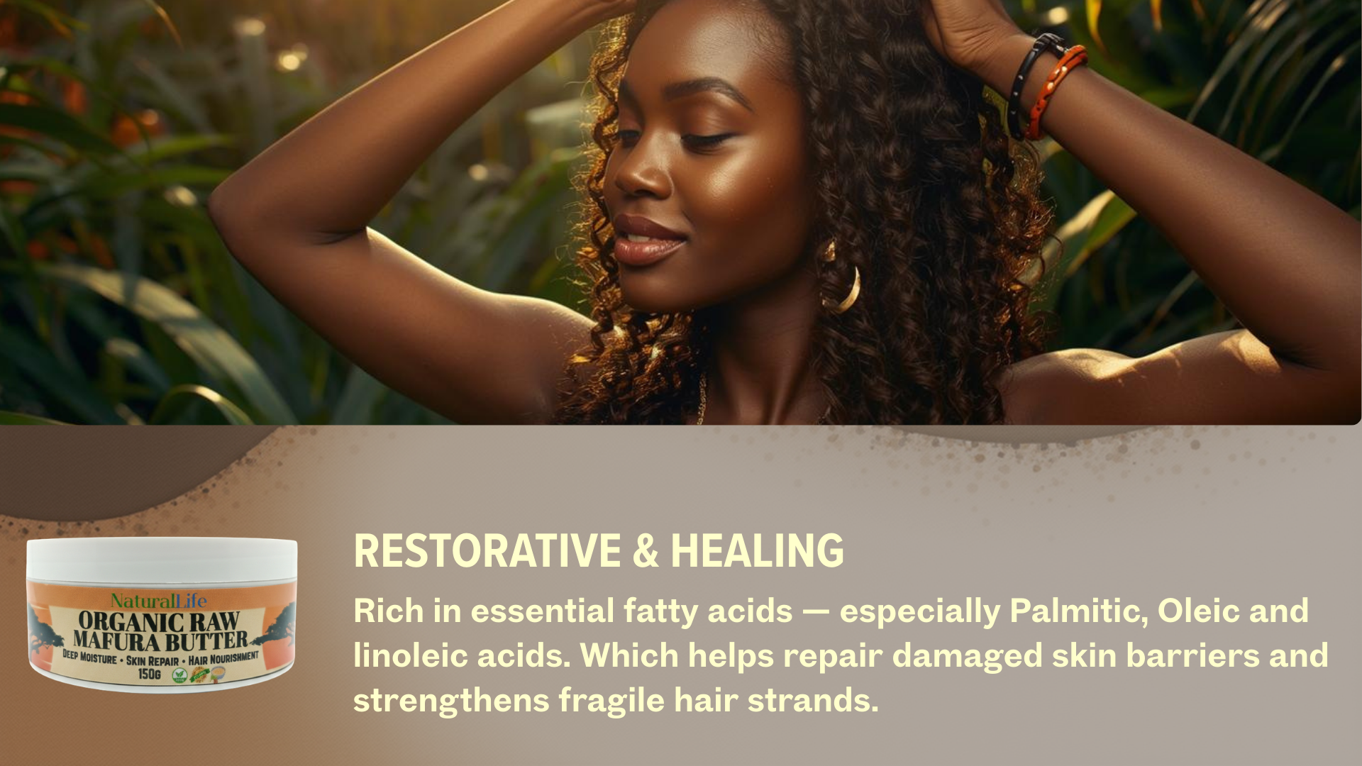 Woman with curly hair against a natural background with a product label on a brown banner.