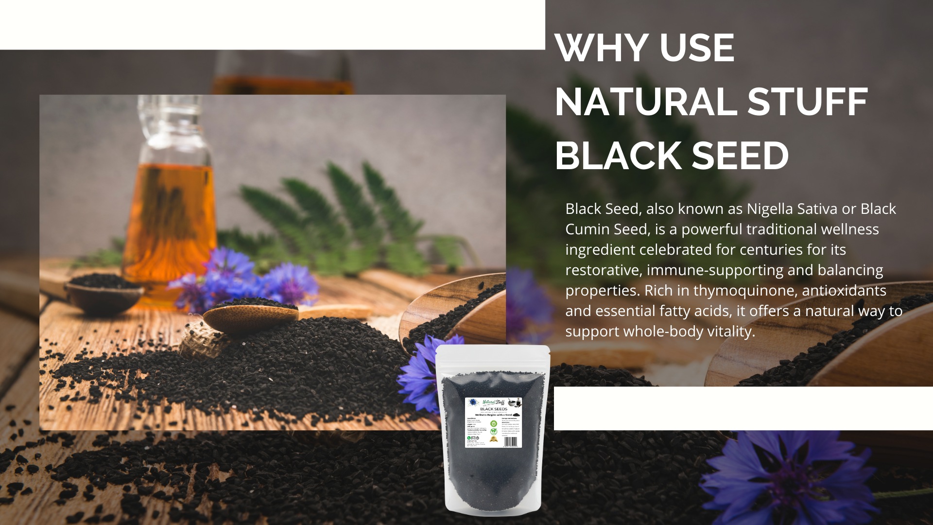 Advertisement for black seed with text explaining its benefits on a wooden surface.