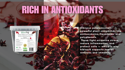 Hibiscus tea packaging with hibiscus flowers and text about antioxidants.