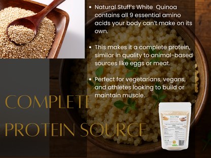 Advertisement for Natural Stuff's White Quinoa, highlighting its protein content and benefits.