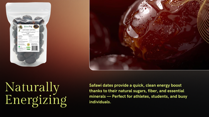 Packaged dates with a close-up of dates and text about their energy benefits on a dark background.