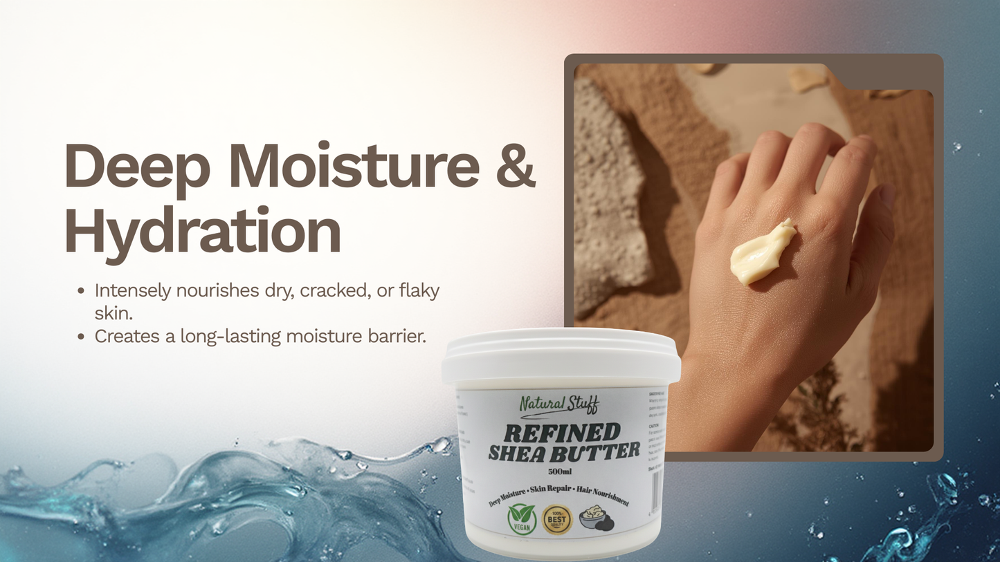Shea butter container with hand applying it, labeled 'Deep Moisture & Hydration'.