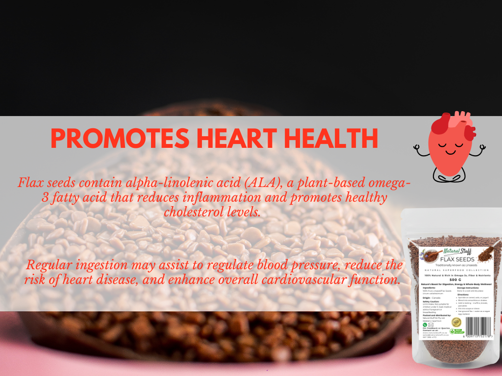 Flax seeds with a heart graphic and text about heart health benefits on a dark background