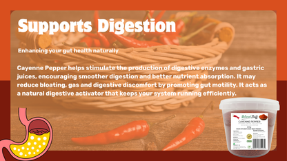Cayenne pepper container with text about digestive health on a wooden background