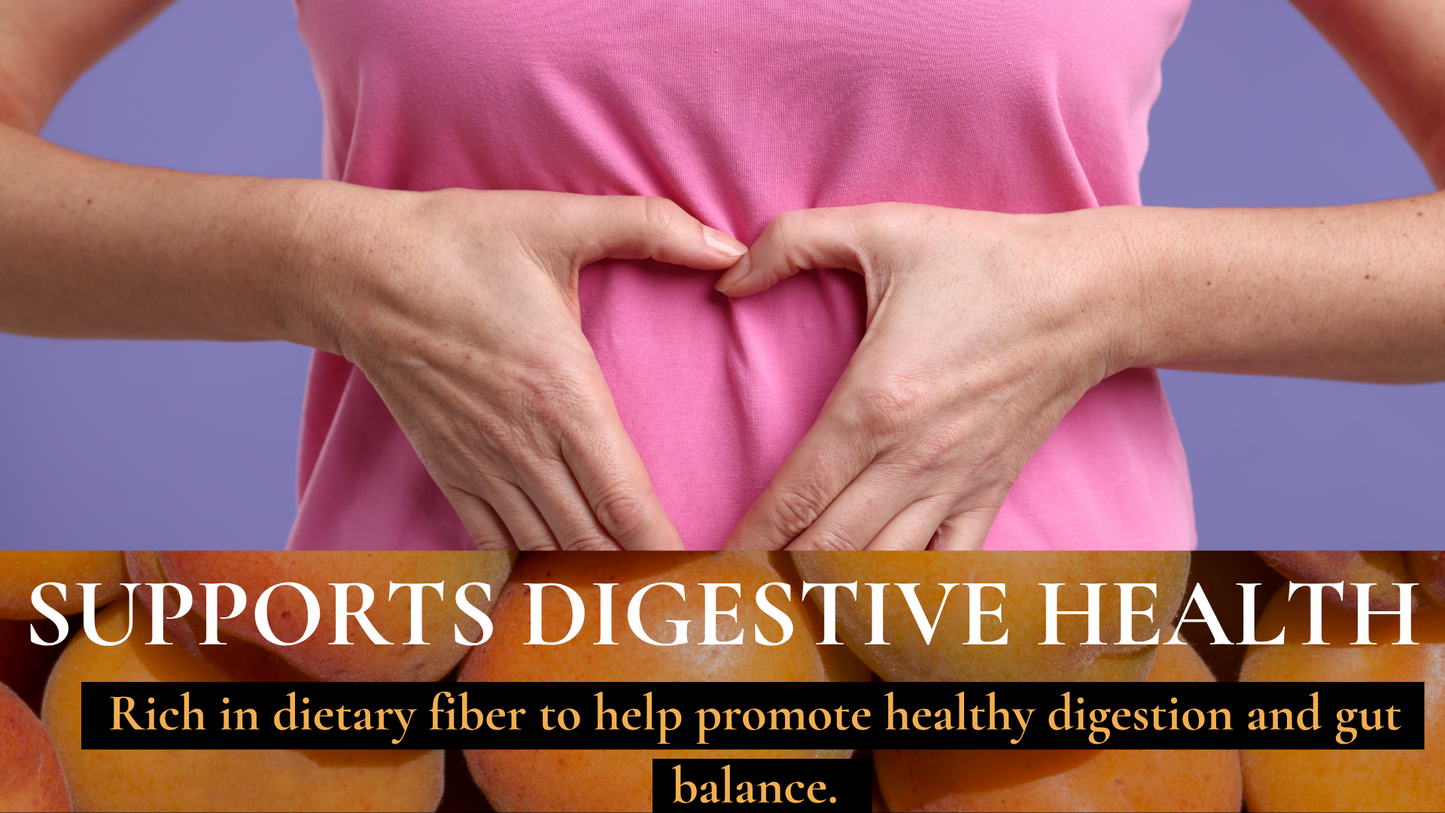 Person wearing a pink shirt with hands forming a heart shape over their stomach, text about digestive health.