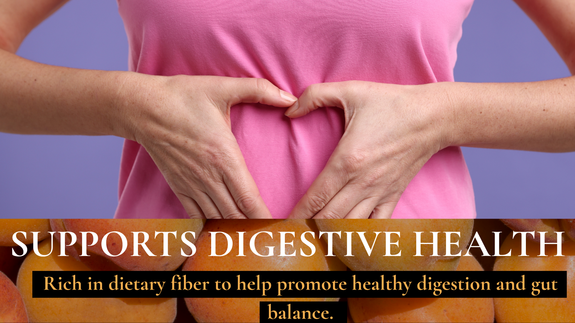 Person wearing a pink shirt with hands forming a heart shape over their stomach, text about digestive health.