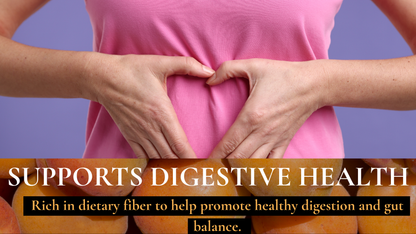 Person wearing a pink shirt with hands forming a heart shape over their stomach, text about digestive health.