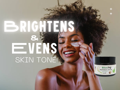 Woman applying cream to her face with a jar of cream labeled 'Natural Nuff' in the corner.