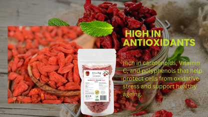 Dried goji berries with a package and text highlighting antioxidants and health benefits.