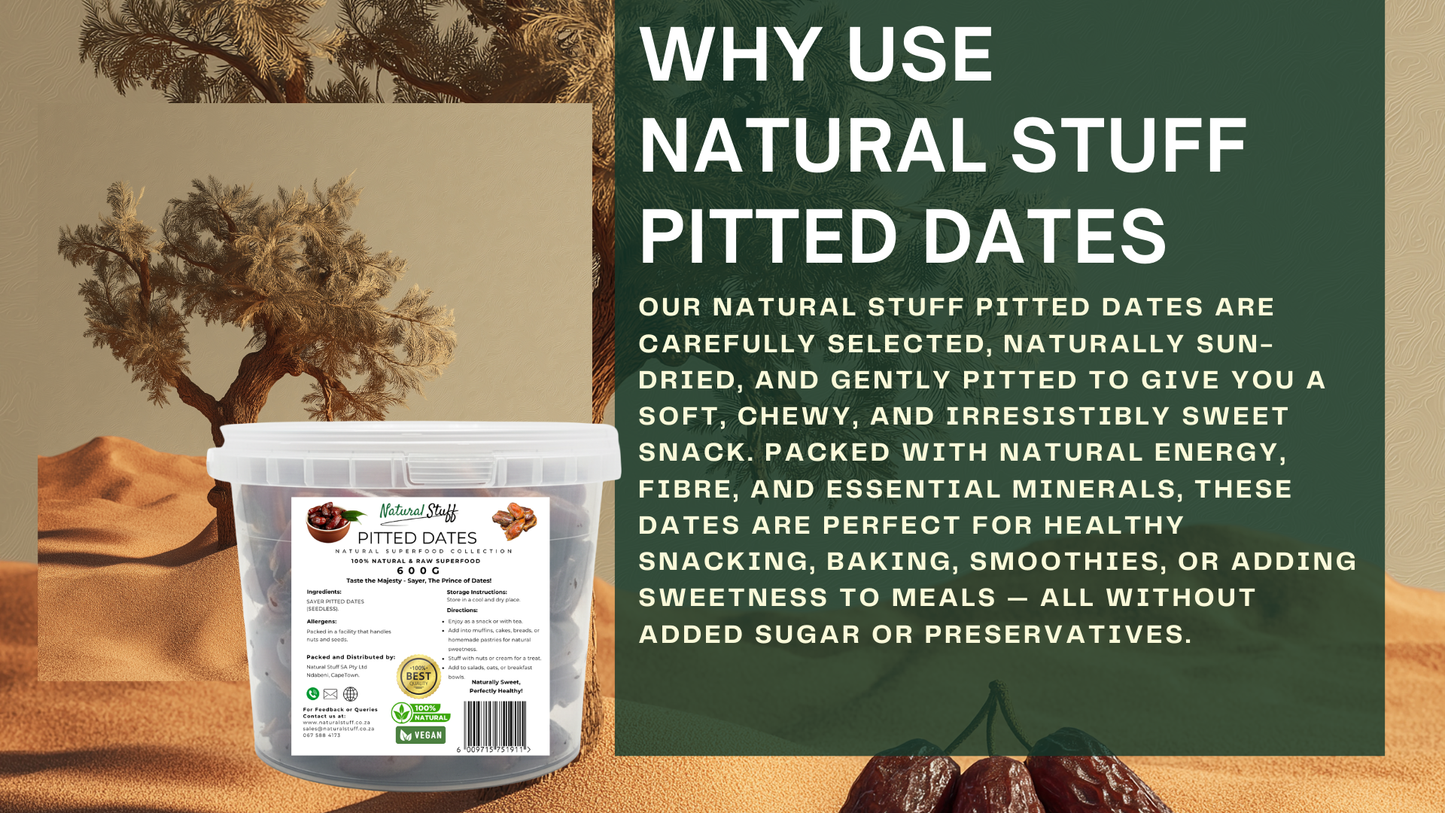 Container of pitted dates with desert landscape and promotional text on a green background