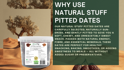 Container of pitted dates with desert landscape and promotional text on a green background