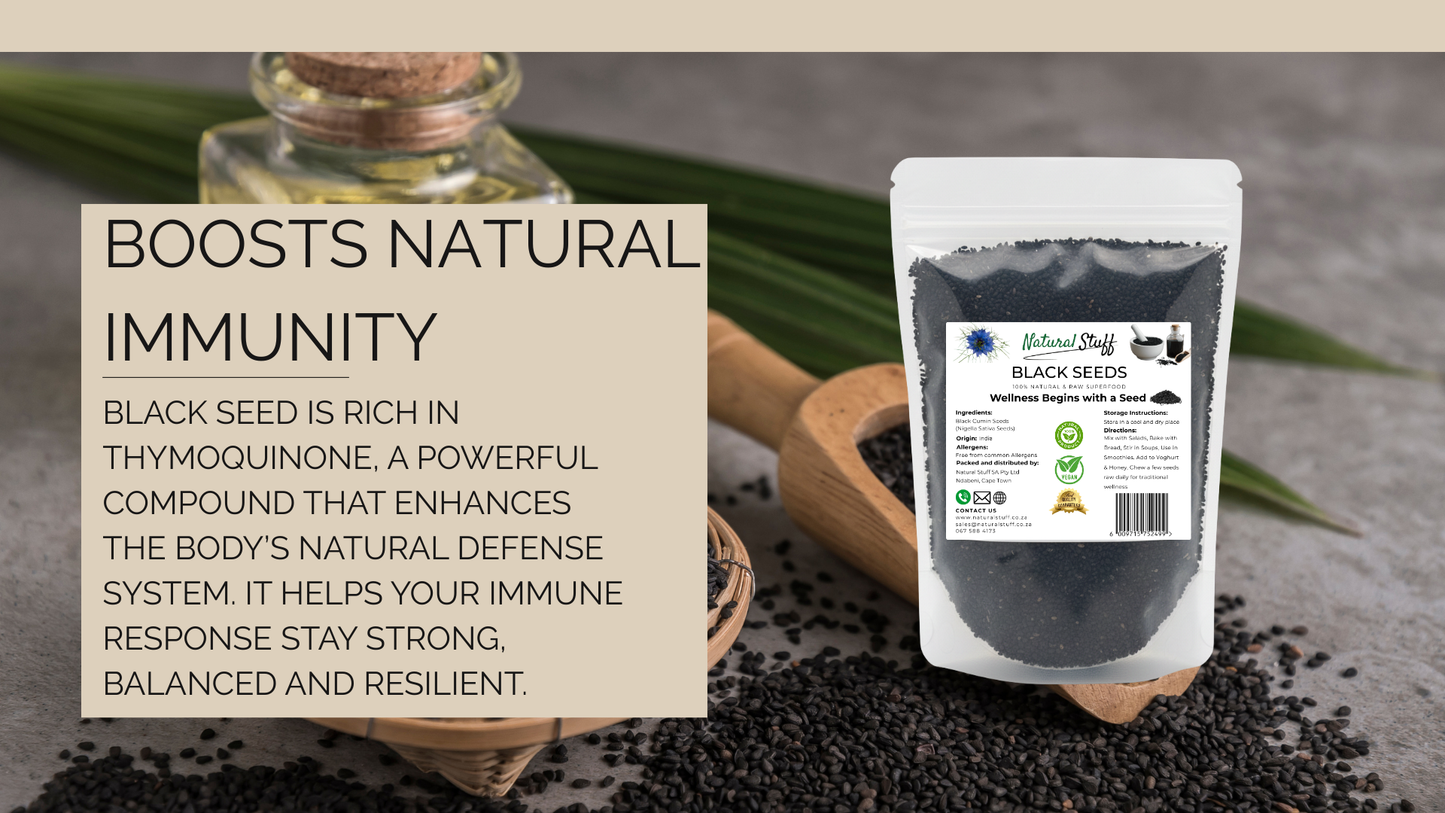 Black seed package with text about boosting immunity on a neutral background