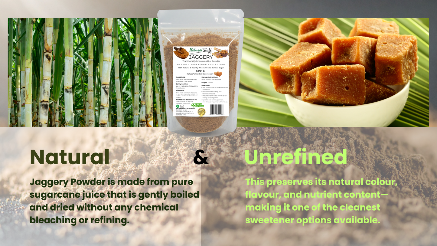 Jaggery powder packaging with jaggery cubes and sugarcane plant, highlighting natural and unrefined properties.