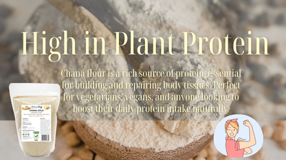 Chana flour with a container and text highlighting plant protein content.