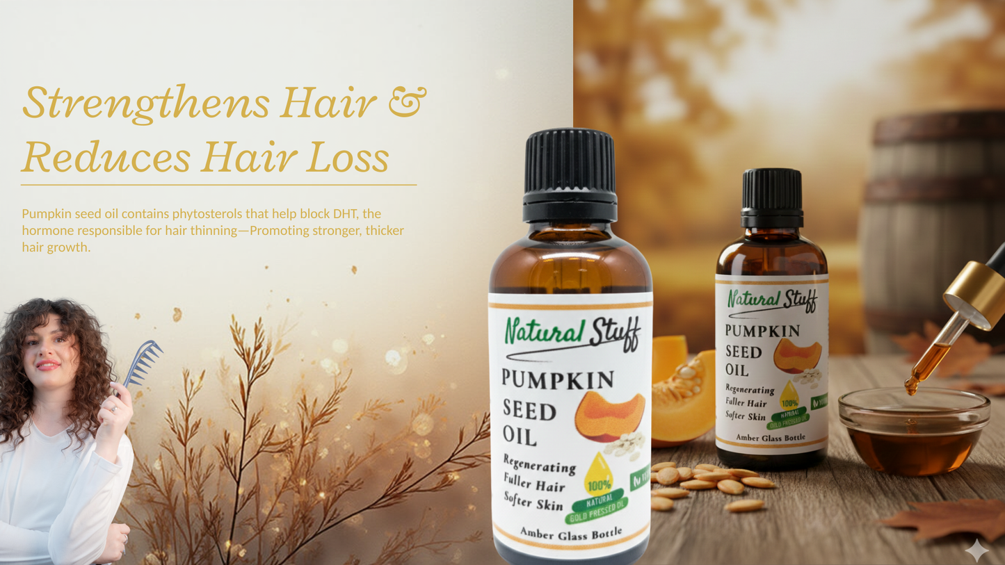 Two bottles of Natural Stuff Pumpkin Seed Oil on a wooden surface with a woman and decorative elements in the background.