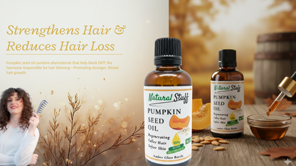 Two bottles of Natural Stuff Pumpkin Seed Oil on a wooden surface with a woman and decorative elements in the background.