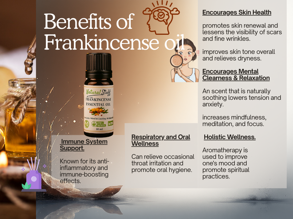 Frankincense essential oil bottle with benefits listed on a blurred background