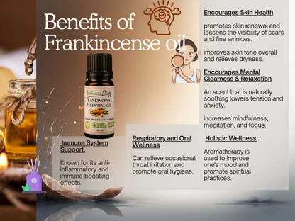 Frankincense essential oil bottle with benefits listed on a blurred background
